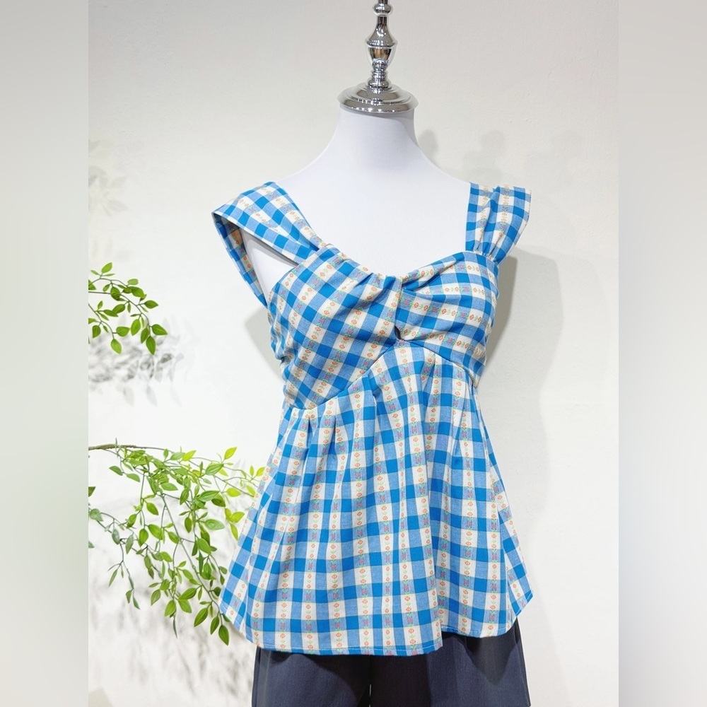 Blue & White Gingham Tie-Front Top - Picture 2 of 4
